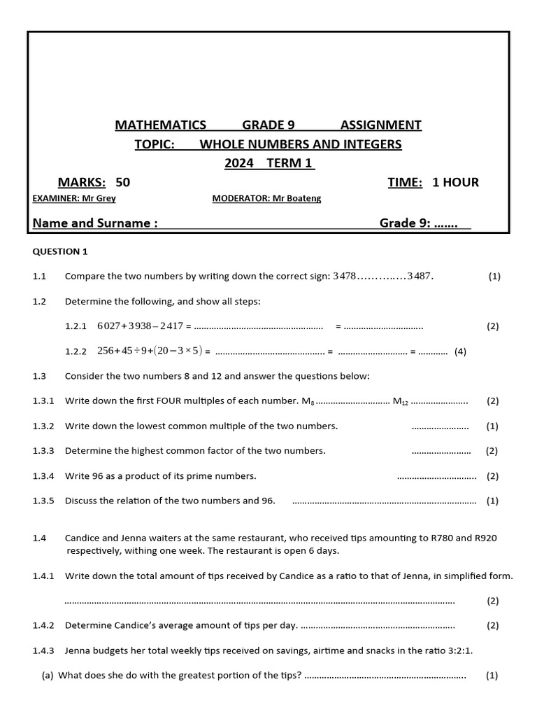 Grade 9 Maths Assignment Term 1 | PDF
