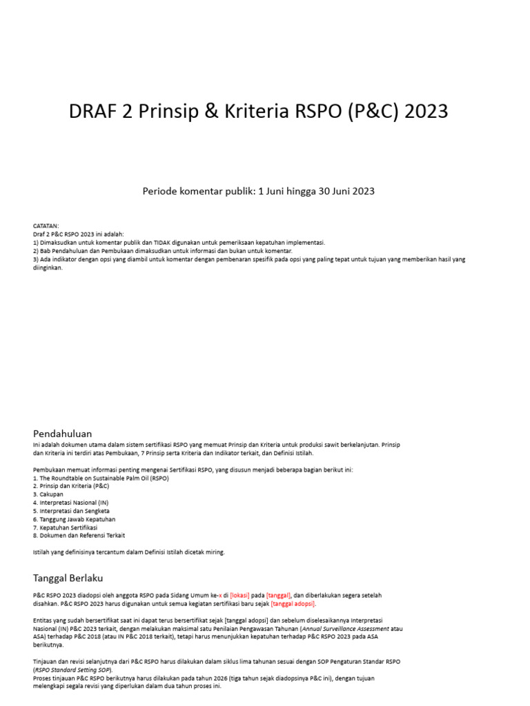 P&C RSPO 2023 untuk Produksi Sawit Berkelanjutan | PDF | Bisnis ...
