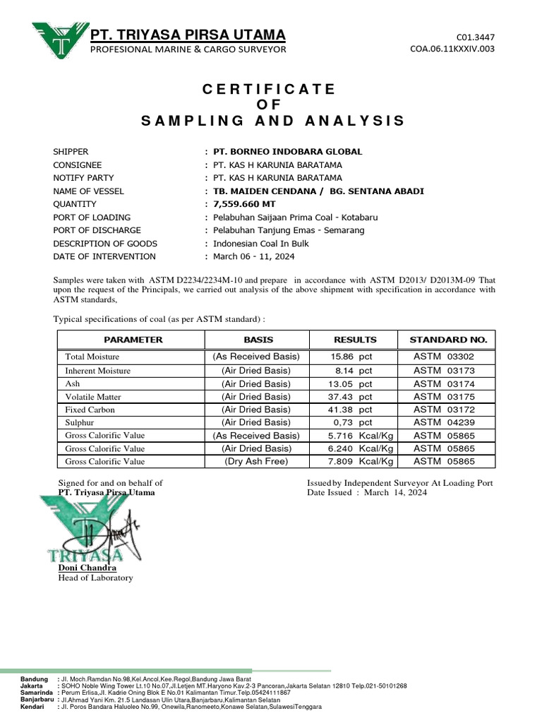Coal Sampling & Analysis Certificate | PDF | Fuels | Chemical Energy ...