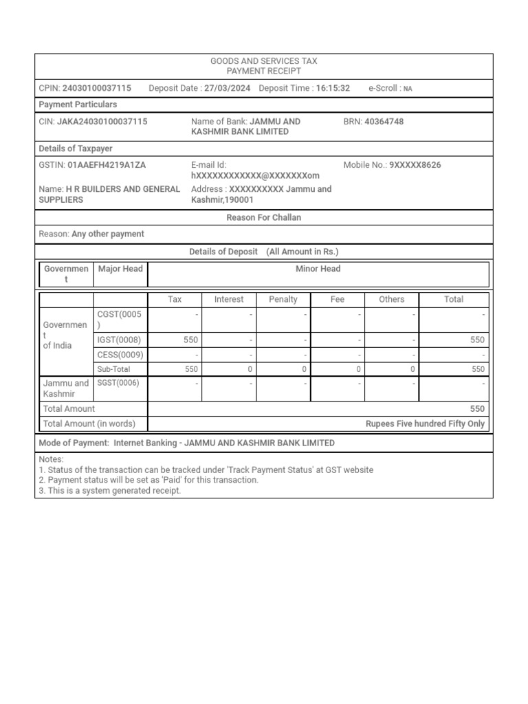 GST Receipt for H R Builders | PDF