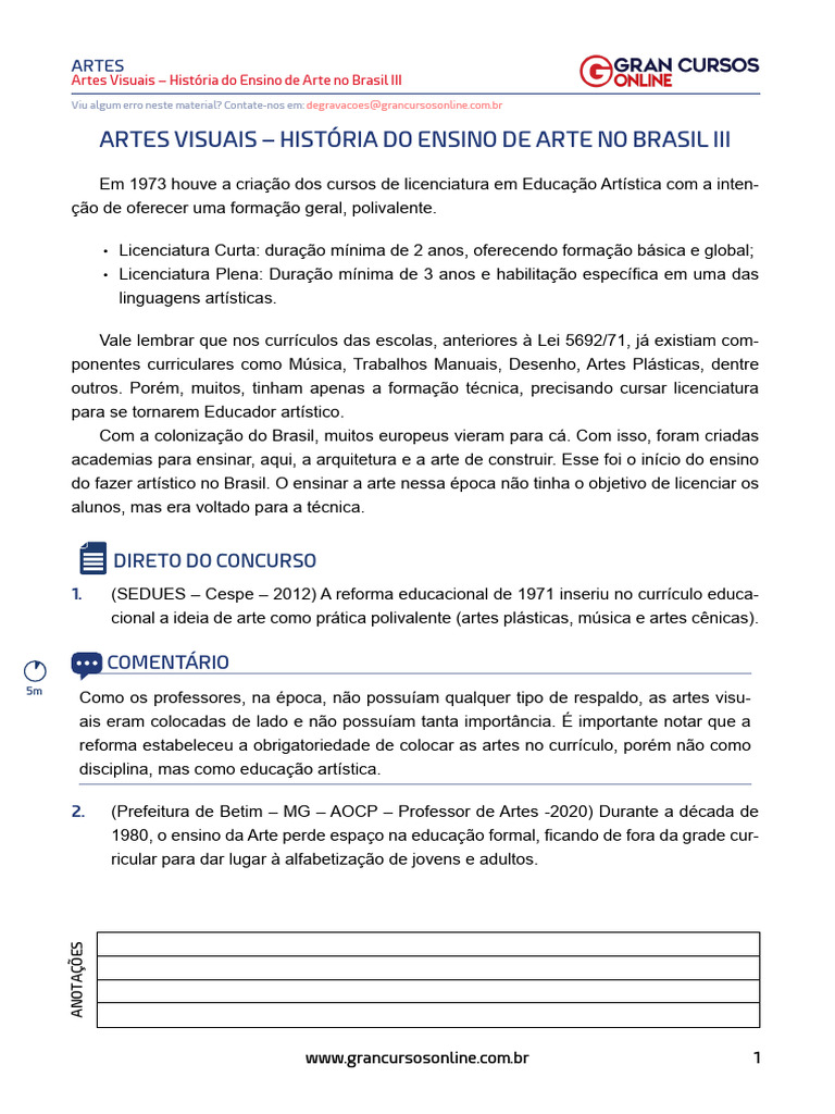 Artes Visuais - História Do Ensino de Arte No Brasil III | PDF | Brasil ...