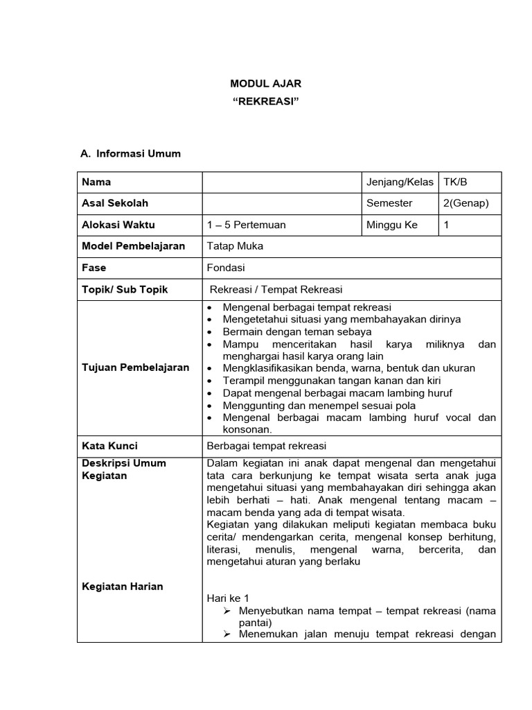 Modul Ajar Rekreasi untuk TK/B | PDF