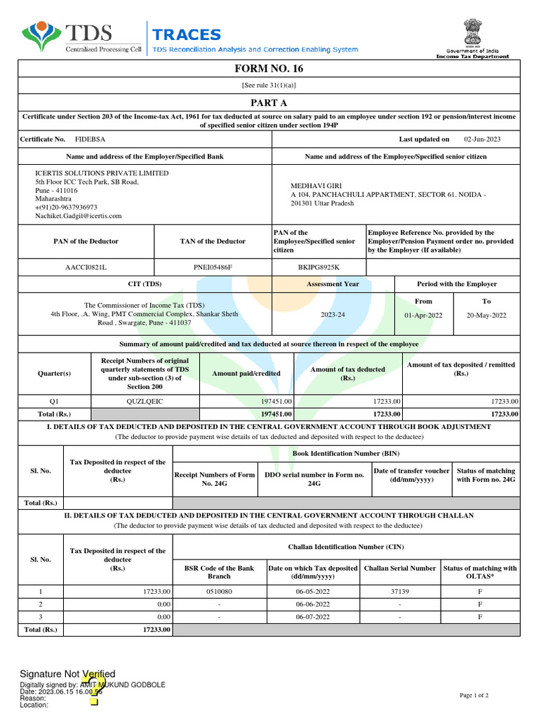 TDS Certificate for Medhawi Giri | PDF | Tax Deduction | Pension