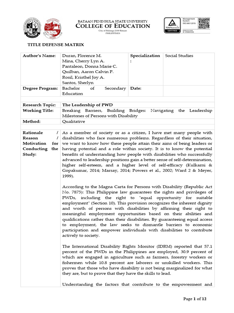 Group 4 Research Matrix Final | PDF | Disability | Cultural Heritage
