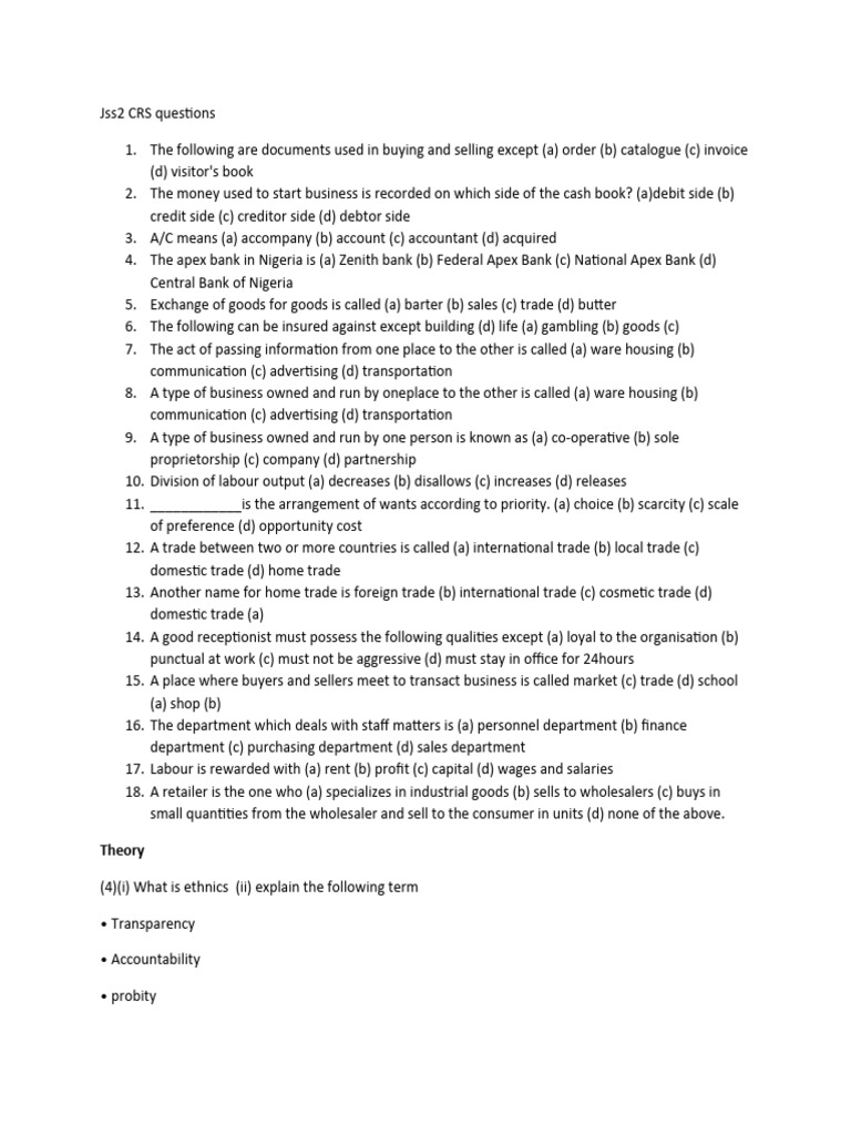 JSS1 & JSS2 CRS Exam Questions | PDF | Economics | Labour Economics