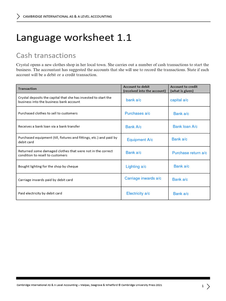 Language Worksheet 1.1: Cash Transactions | PDF | Debits And Credits ...