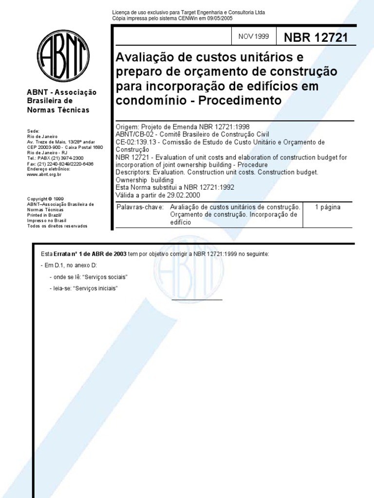 NBR 12721 - Custos e Orcamento Incorporacao | PDF | Argamassa ...