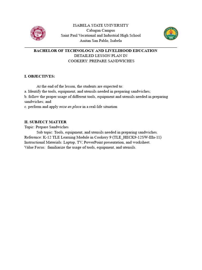 DLP1 Tools Equipment and Utensils Needed in Preparing Sandwiches PDF