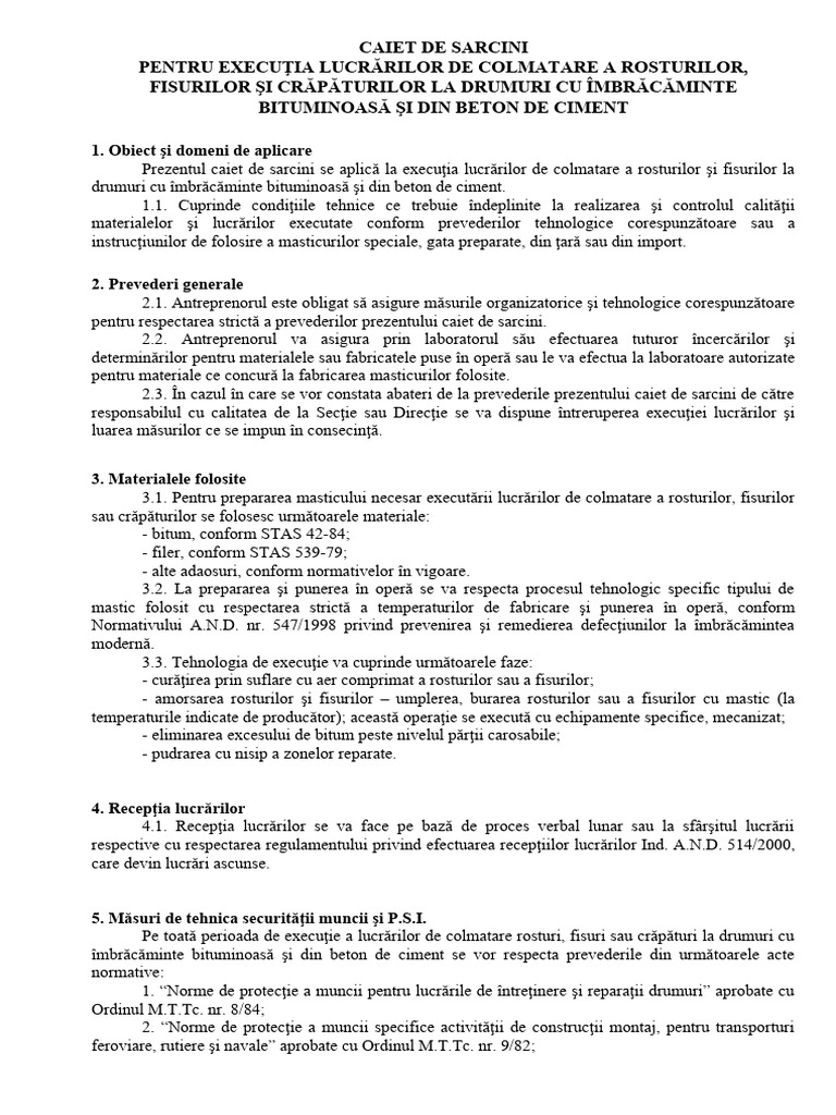 Caiet de Sarcini - Colmatare Rosturi Si Fisuri | PDF