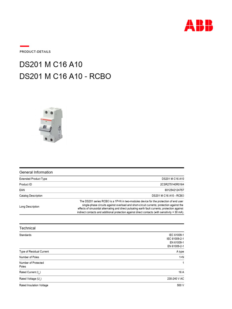 Abb Rcbo 1P+N | PDF | Alternating Current | Electrical Equipment