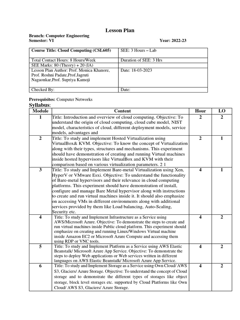 Cloud Computing Course Lesson Plan | PDF | Cloud Computing | Microsoft ...