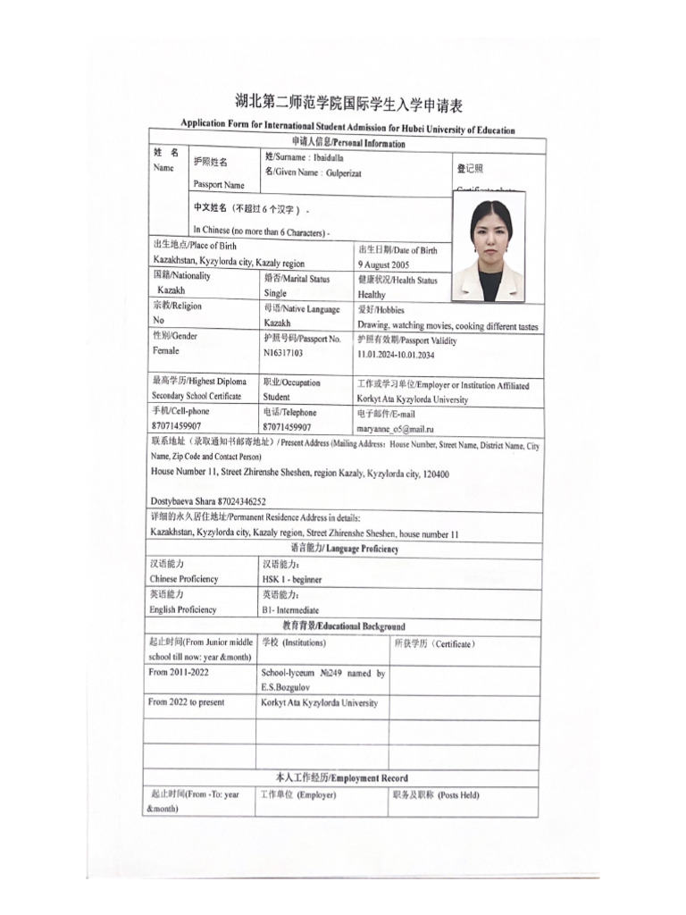 Application Form For International Student Admission For Hubei ...