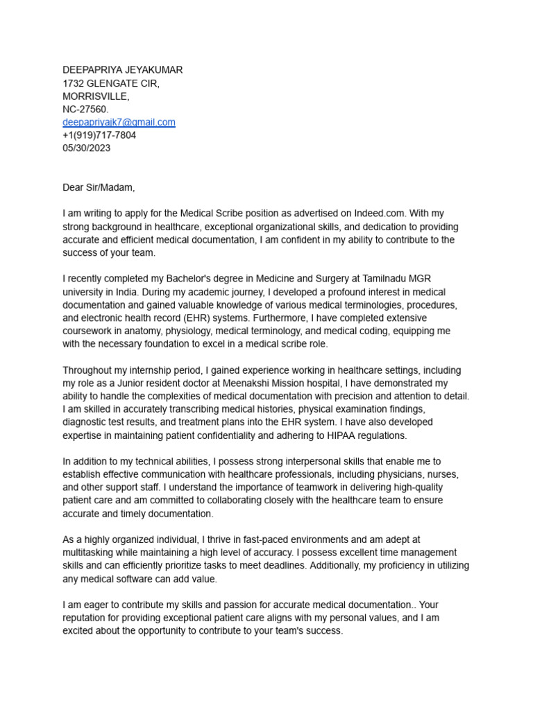 Cover Letter Medical Scribe PDF Electronic Health Record Health Care