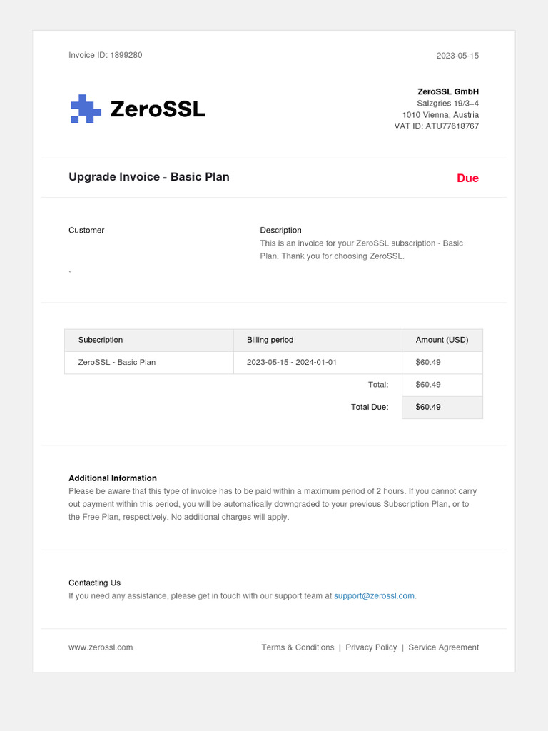 ZeroSSL Basic Plan Invoice Details | PDF