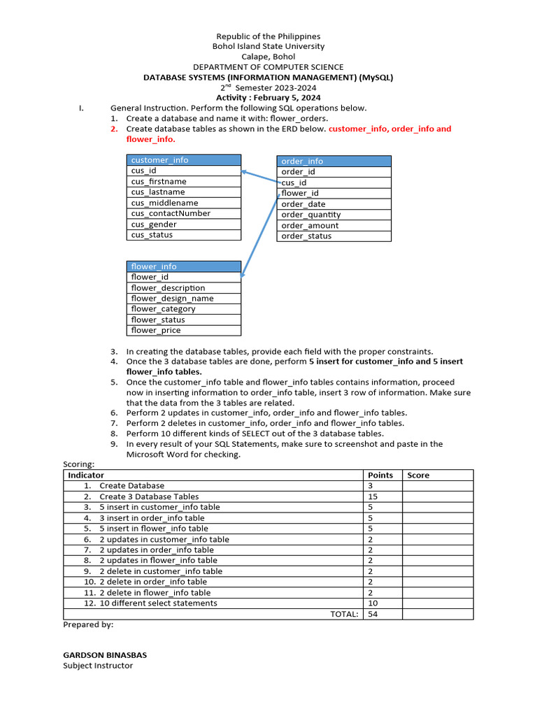 MySQL Database Activity for Flower Orders | PDF | Table (Database ...