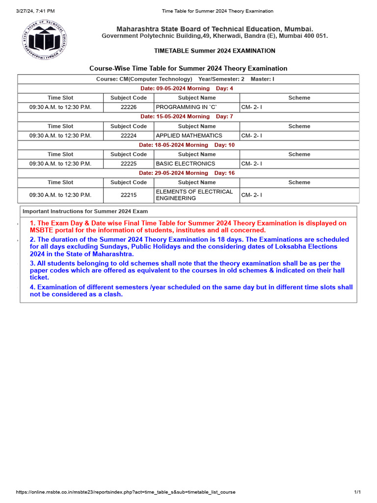 Summer 2024 Exam Timetable | PDF | Academic Term | Educational Stages