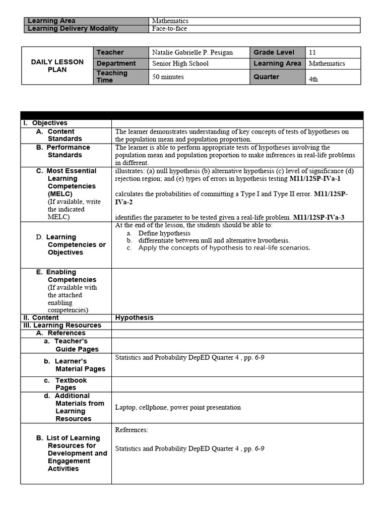 Grade 11 Hypothesis Testing Lesson Plan | PDF | Hypothesis | Null ...