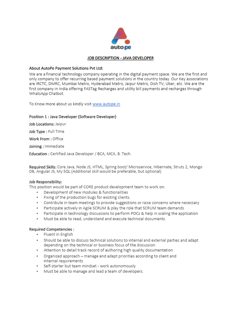 Java Developer Job in Jaipur | PDF