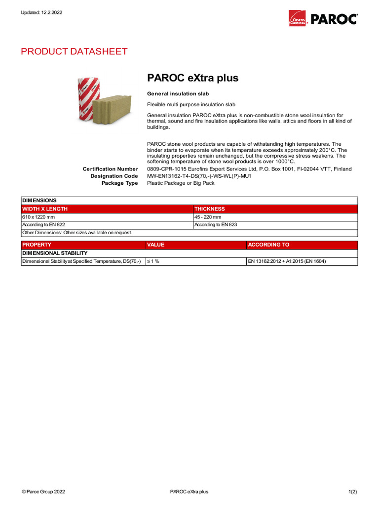 PAROC Extra Plus en US | PDF | Thermal Insulation | Strength Of Materials