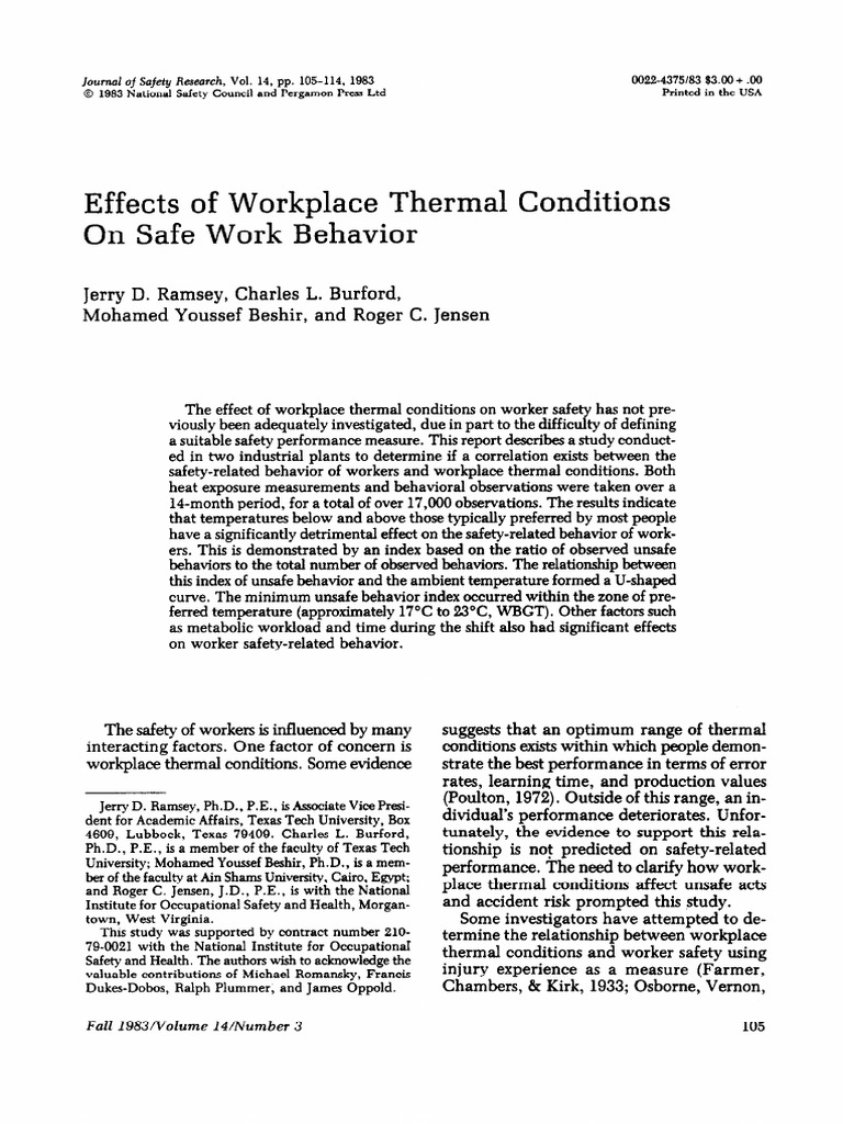 Effects of Workplace Thermal Conditions On Safe Work Behavior | PDF