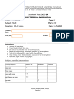 Academic Year: 2023-24 First Terminal Examination Grade: Pre IGCSE 8 Paper: 2 Subject: Hindi Marks: 30 Duration: Mins Date: 11/9/2023