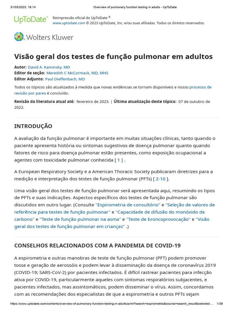 Overview of Pulmonary Function Testing in Adults - UpToDate | PDF ...