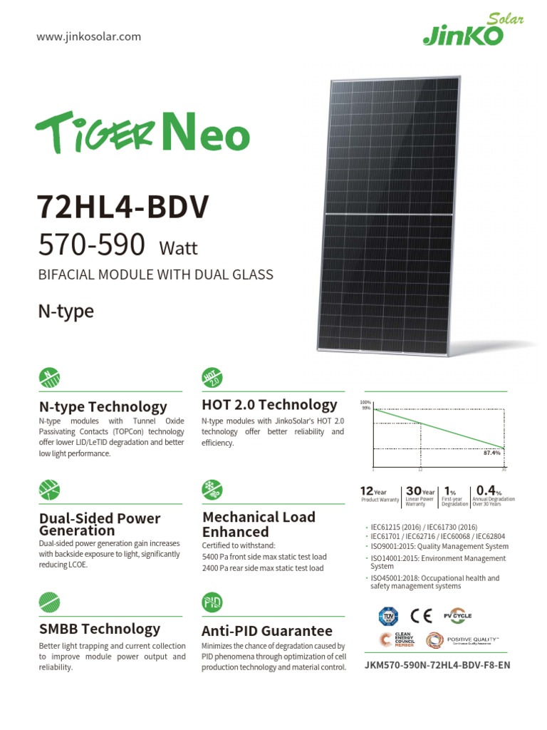 Jinko 580W N-Type Solar Module Datasheet | PDF | Solar Panel ...