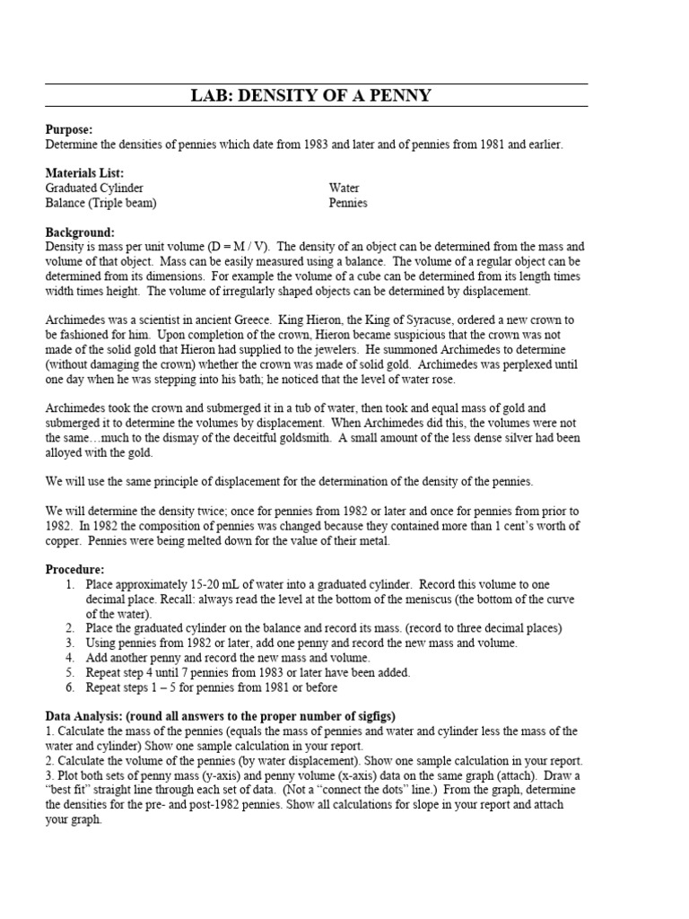 Penny Density Lab Analysis | PDF | Density | Volume