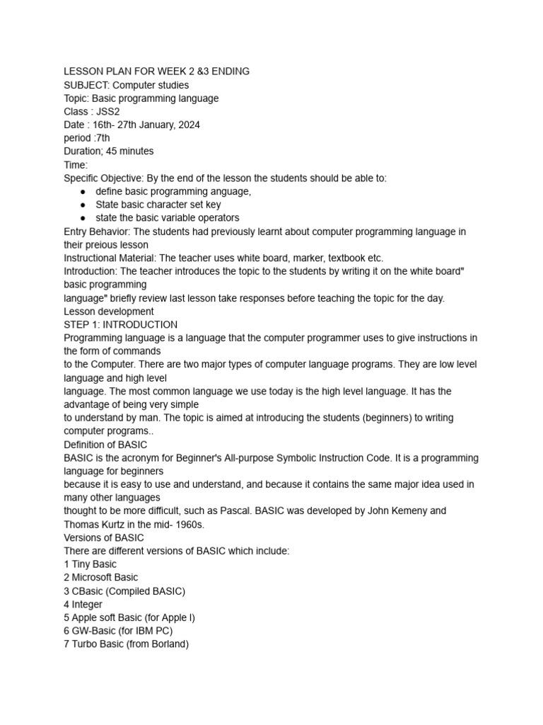 JSS2 Basic Programming Guide | PDF | Basic | Computer Program