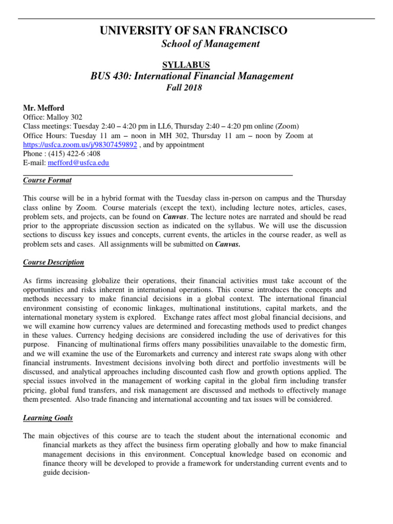 Bus 430 Syllabus Fall 2018 Pdf Foreign Exchange Market Hedge