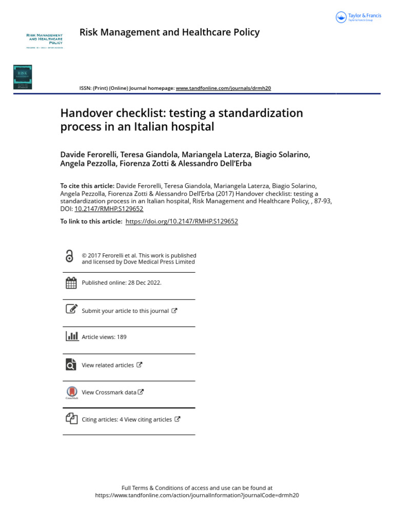 Handover Checklist Testing A Standardization Process in An Italian ...