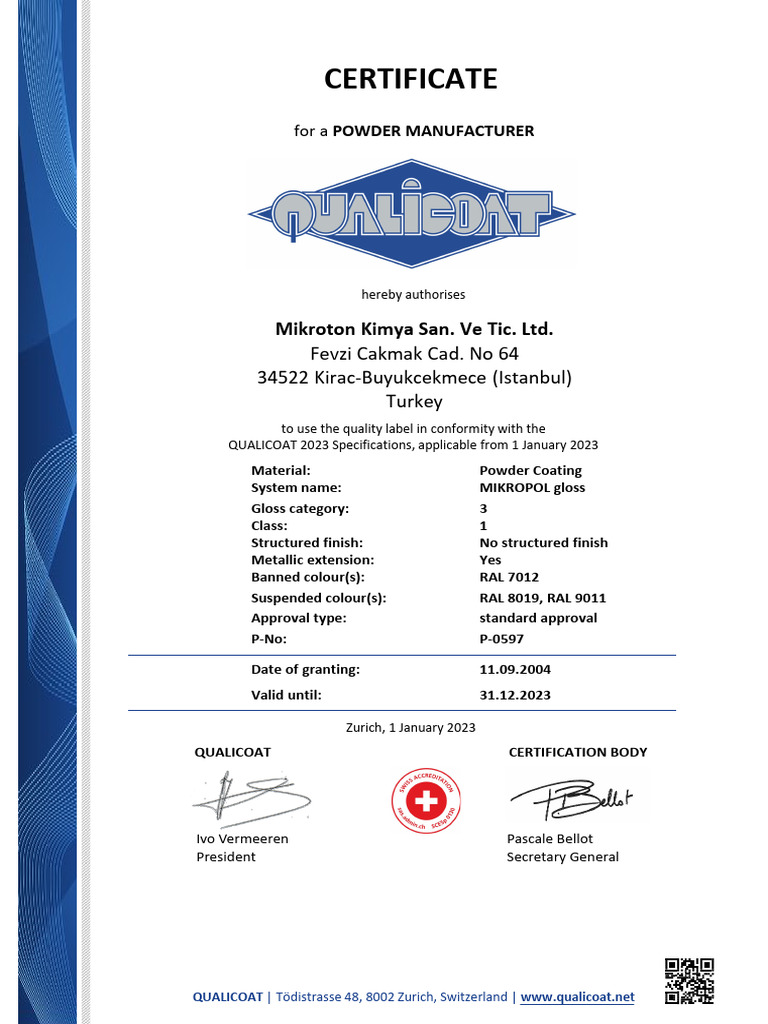 Mikroton Kimya QUALICOAT Certification | PDF