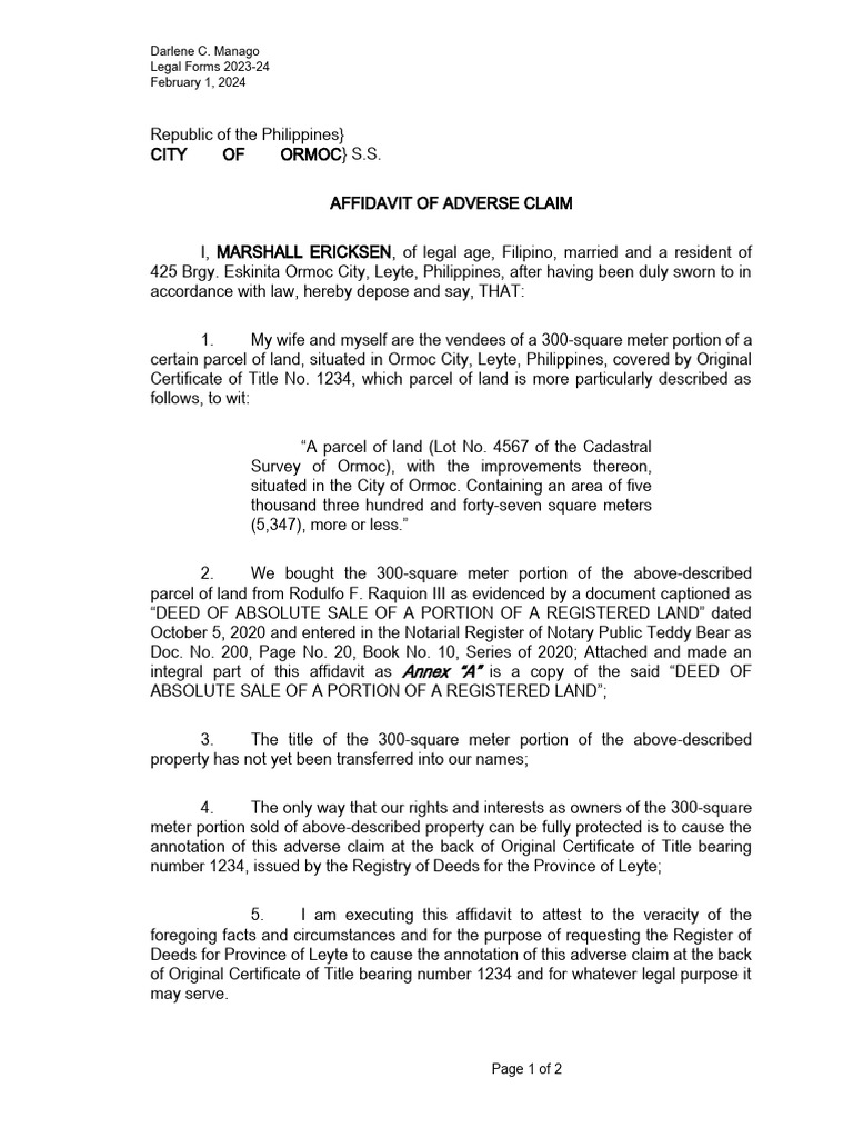 Affidavit of Adverse Claim | PDF | Affidavit | Land Lot