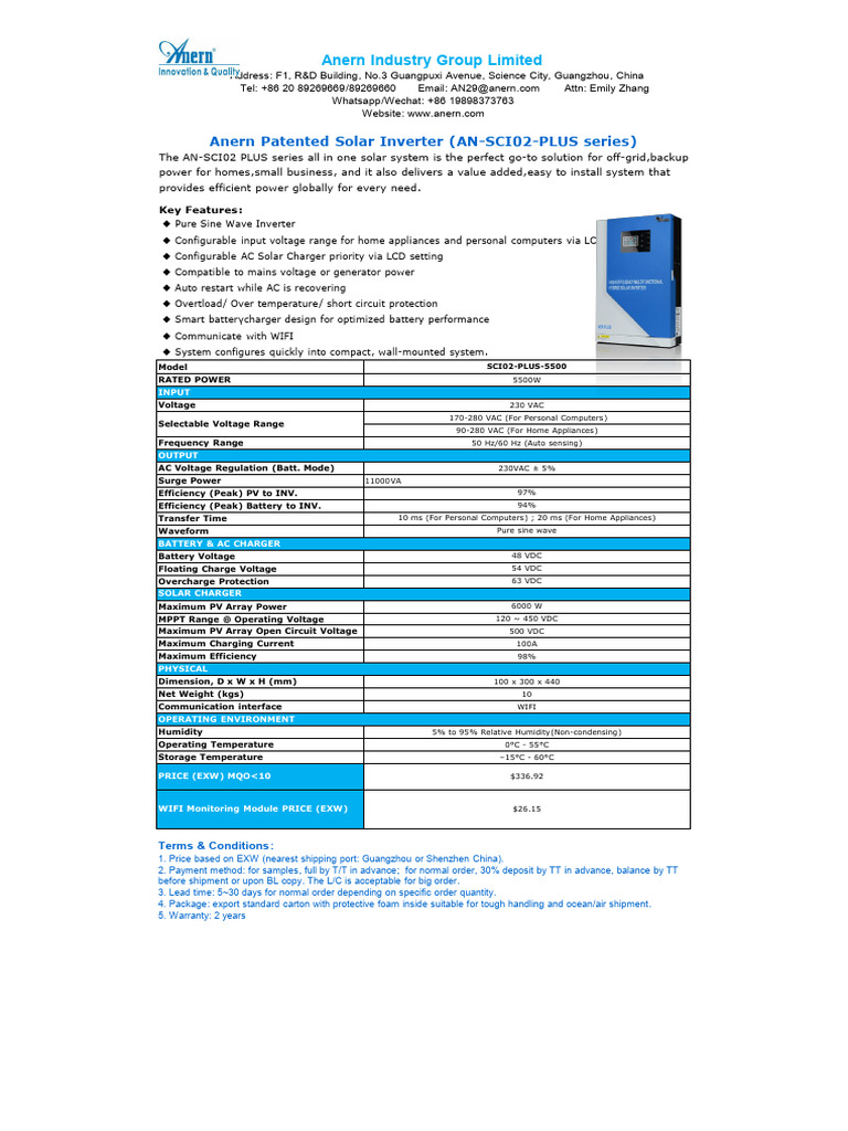 Anern Hybrid Solar Inverter Specification & Price List 5500W | PDF ...
