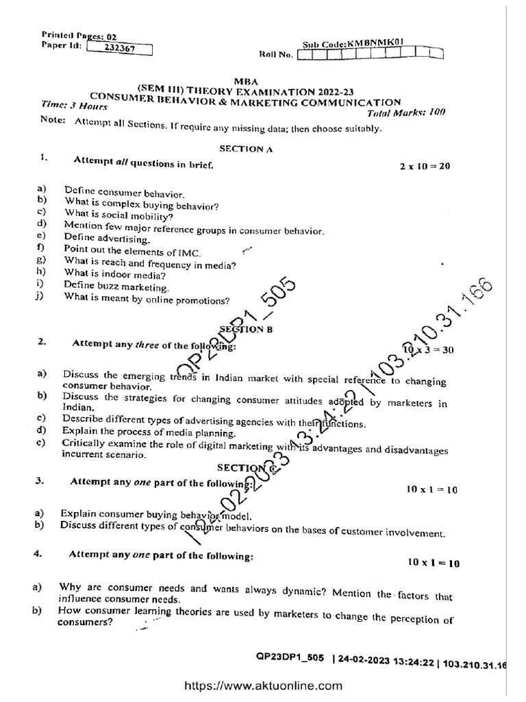 Mba 3 Sem Consumer Behavior and Marketing Communication Kmbnmk01 Feb ...