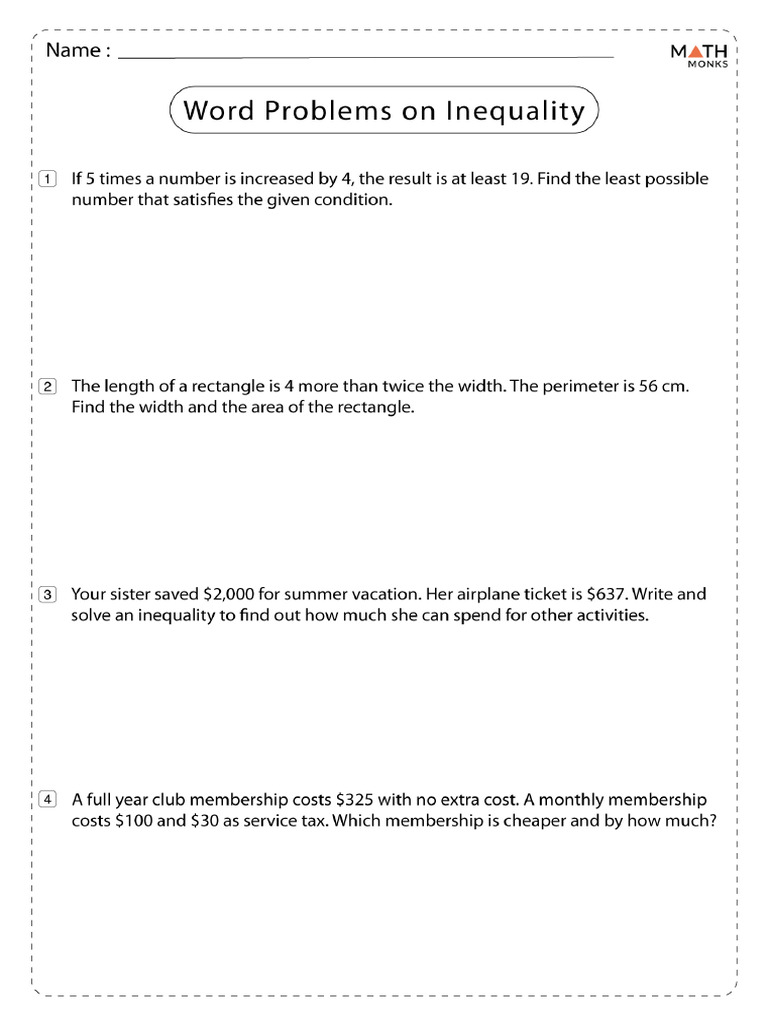 Inequality Word Problems Worksheet 7th Grade | PDF