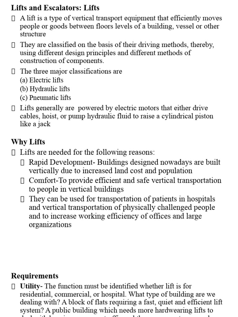 Overview of Lifts and Escalators | PDF | Elevator | Escalator