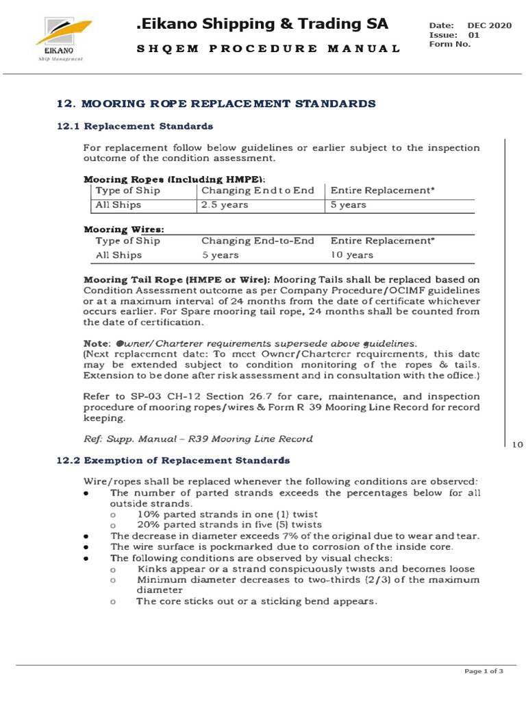 Mooring Line Management Plan PDF Rope Manufactured Goods