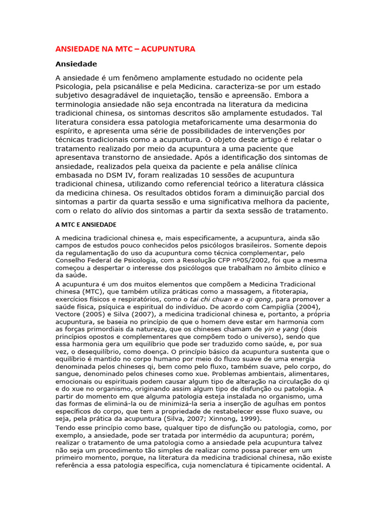 Acupuntura no Tratamento da Ansiedade | PDF | Acupuntura | Ansiedade