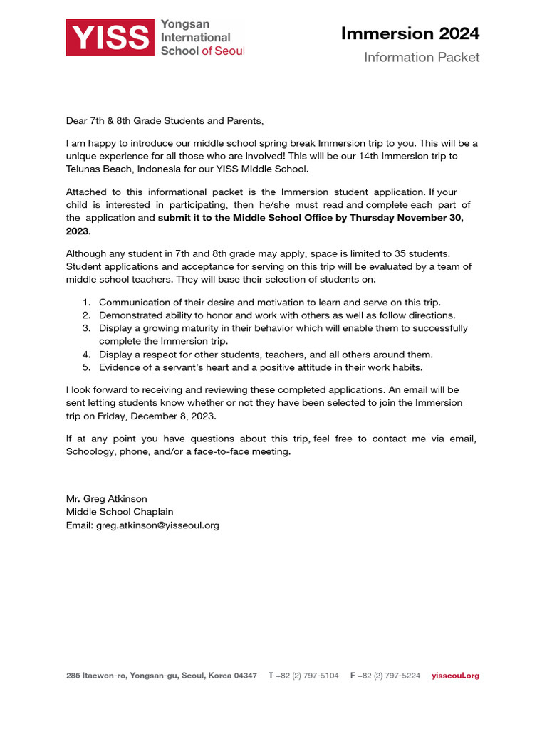 YISS Middle School Immersion Trip 2024 | PDF | Travel Visa | Baptism