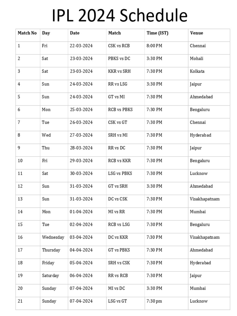 IPL 2024 Schedule PDF