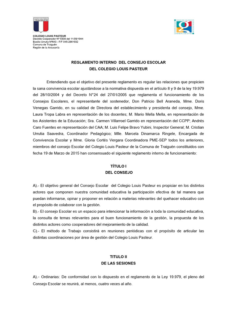 Reglamento Del Consejo Escolar 1 | PDF | Gobierno