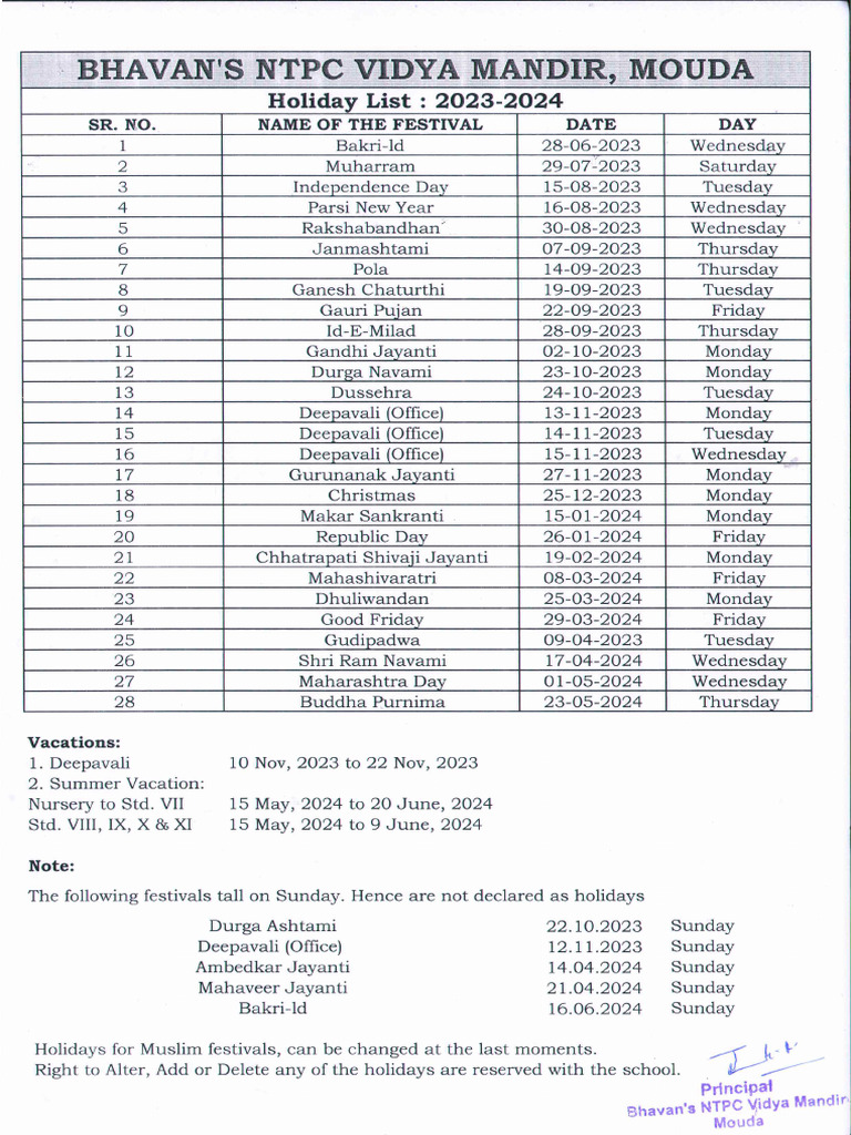 Holiday list 2023 24 pdf