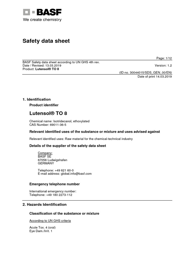 Msds lutensol to 8 pdf dangerous goods occupational safety and health