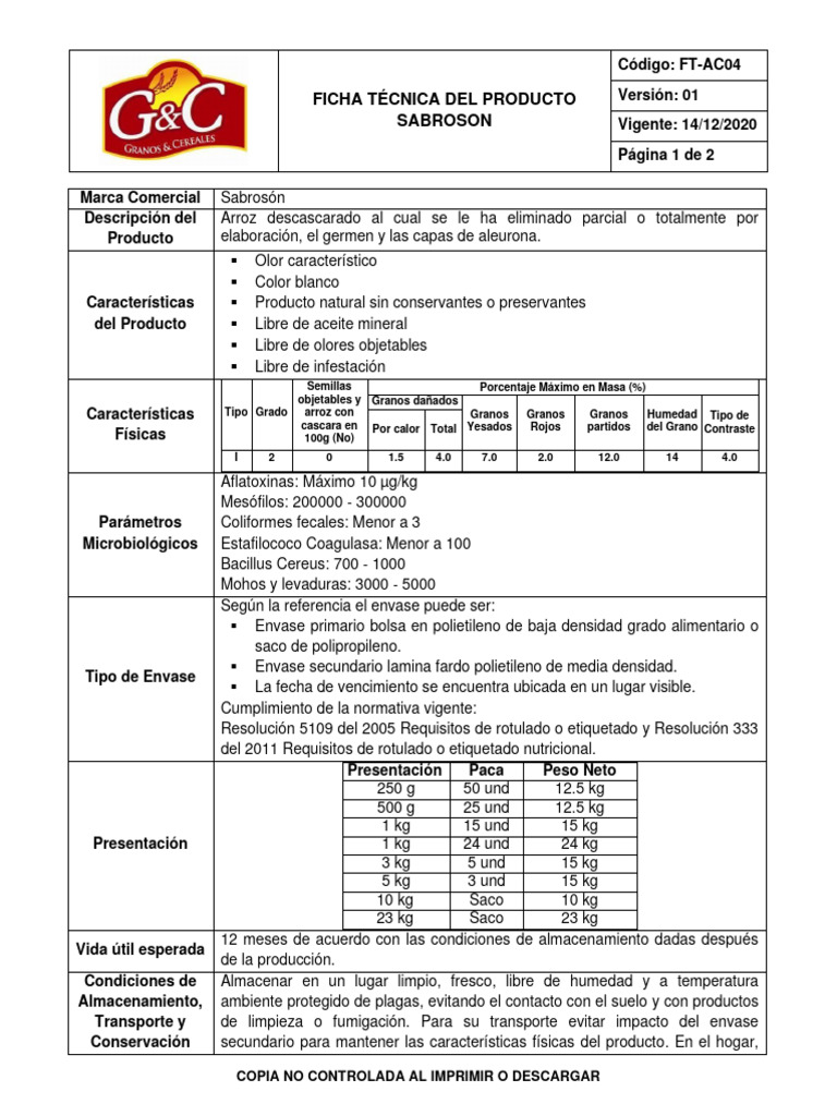 Ficha Técnica Arroz Sabrosón | PDF | Arroz