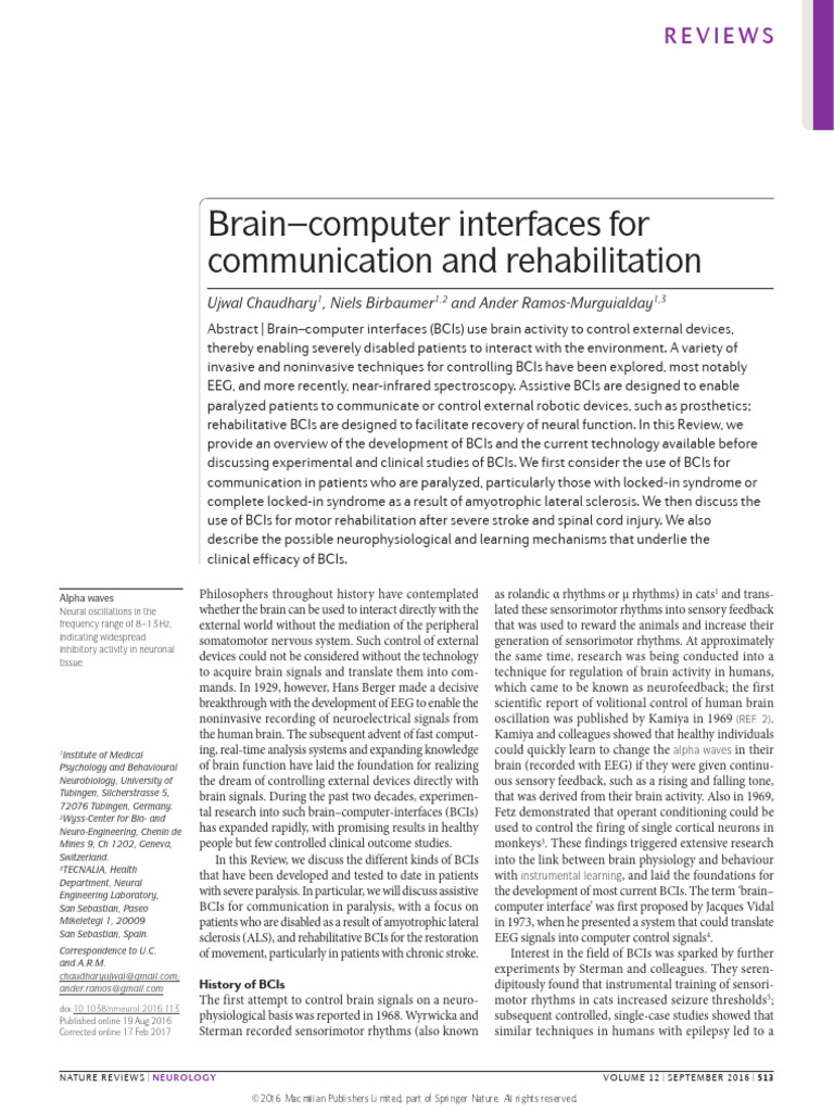 Brain-Computer Interfaces For Communication and Rehabilitation | PDF
