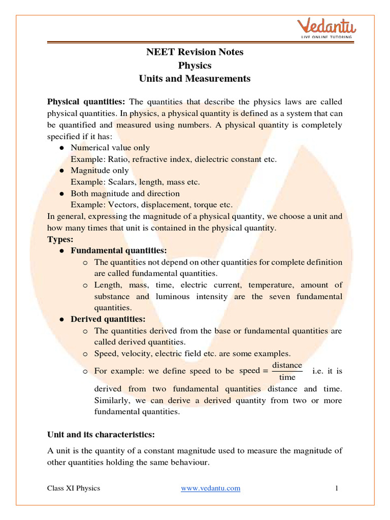 Neet Units and Measurements Revision Notes | PDF | Significant Figures ...
