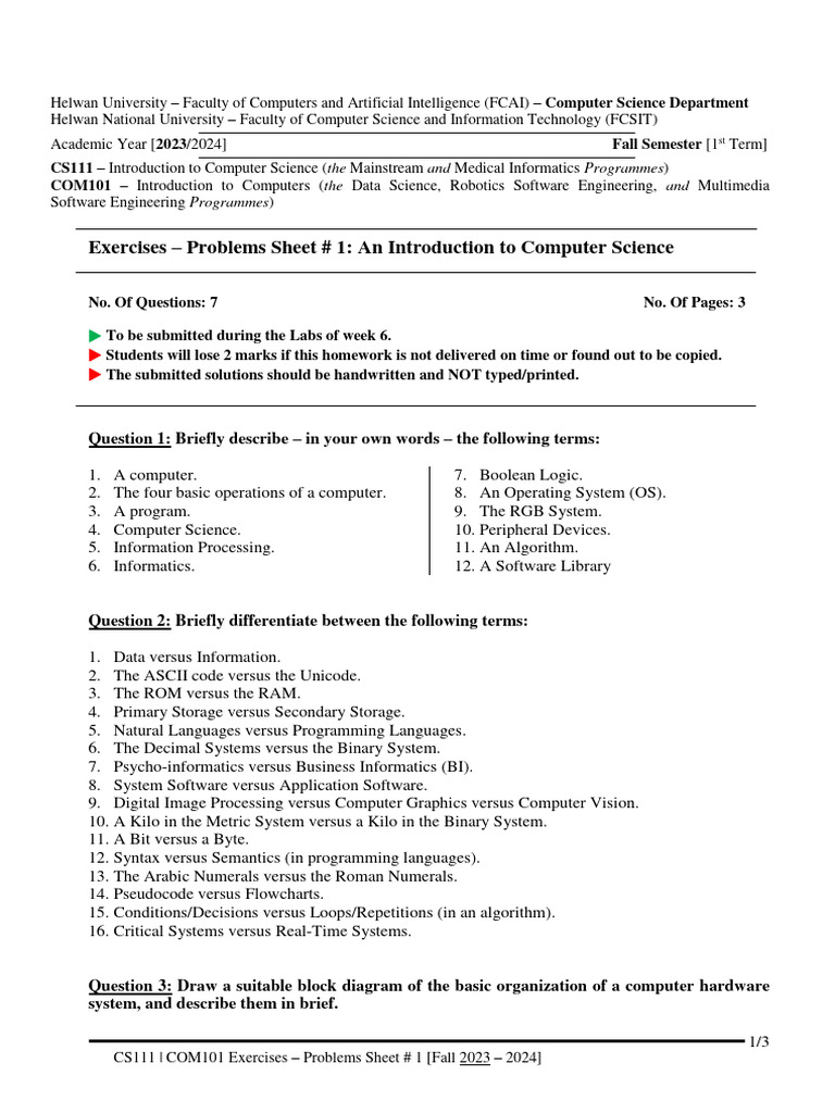 CS111 Exercises (Problems Sheet 1) | PDF | Computer Science | Machine ...