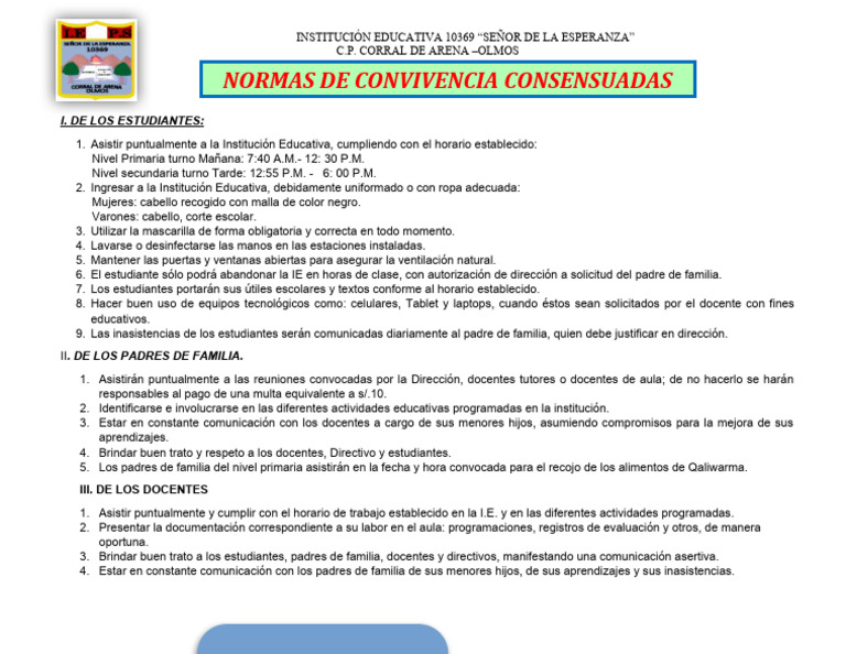 NORMAs DE CONVIVENCIA A COLOR 2022 | PDF | Escuelas | Salón de clases