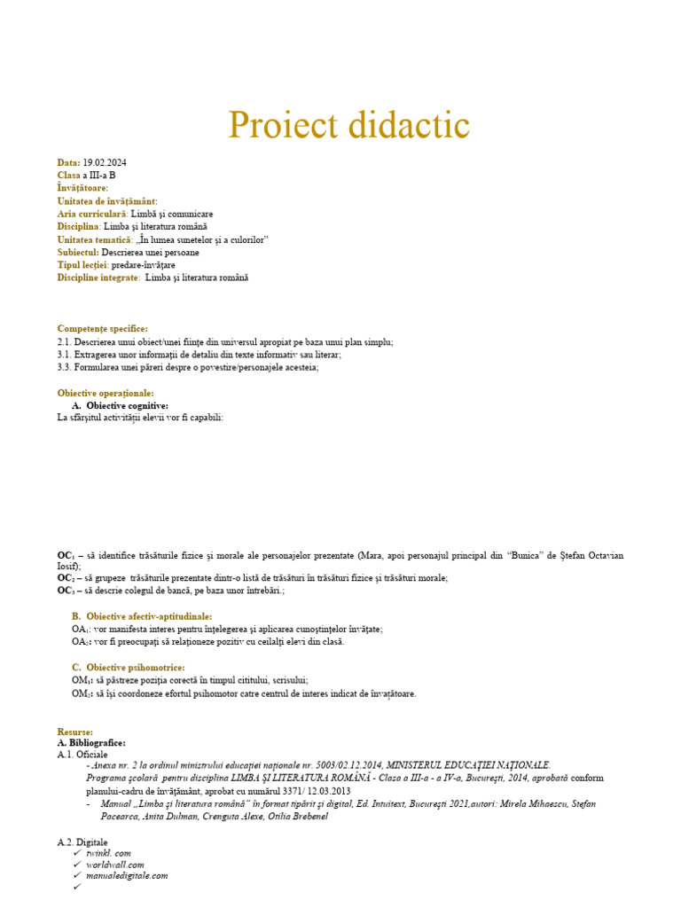 Proiect L.L.R. 2024 - Clasa A III-a | PDF
